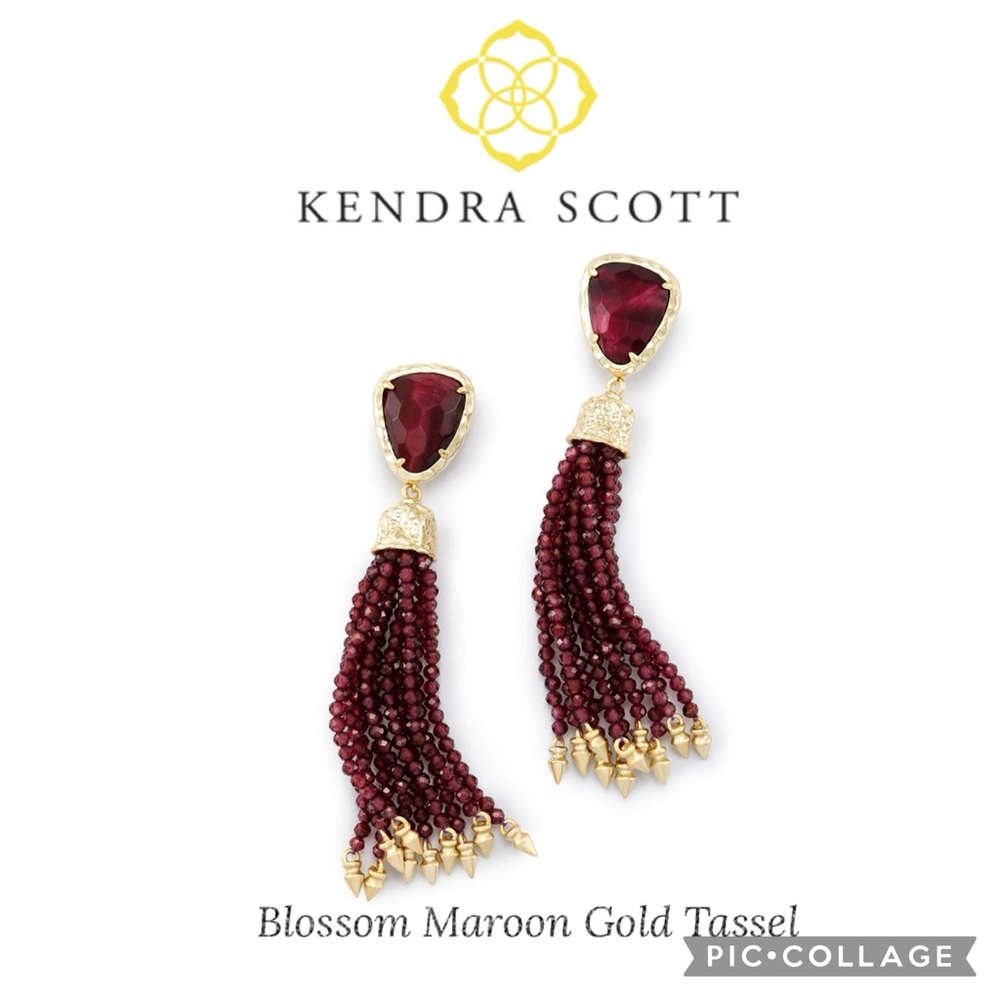 Kendra Scott Blossom Gold Tassel Earrings in Burgundy. NWOT.